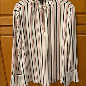 Ann Taylor Striped Button-Front Blouse in White, Black & Red